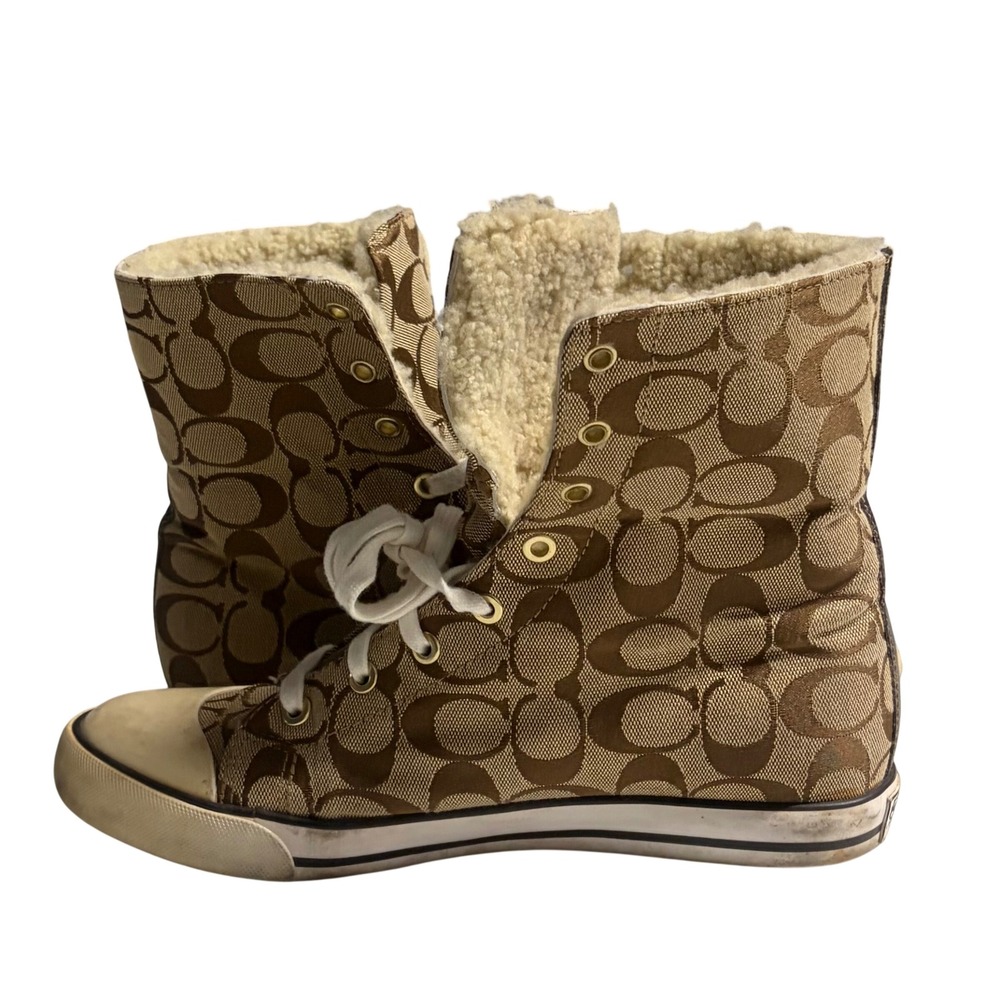 Coach Bonney Shearling High Top Sneakers Signature C Monogram Brown Tan 
Sz 9.5 - Picture 10 of 11
